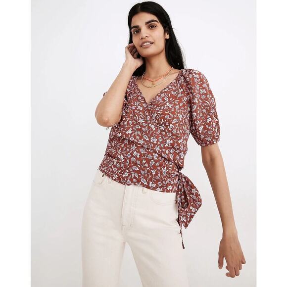 Madewell Puff Sleeve Wrap Crop Top In Batik Vine Small S Floral Boho Cottagecore - Picture 3 of 4